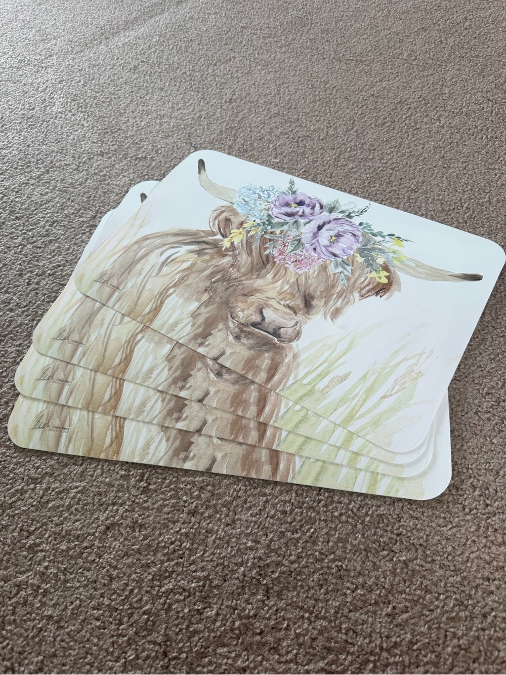 NWT Floral Highland Highland Cow Placemat Set - Brown & Purple- Reversible